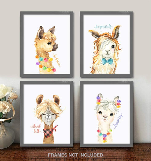 Confetti Fox Llama Nursery Wall Art Decor - 8x10 Unframed Set of 4 Prints - Kids Cute Alpaca Baby Animal Pictures Quotes - Dream Big Stand Tall Be...