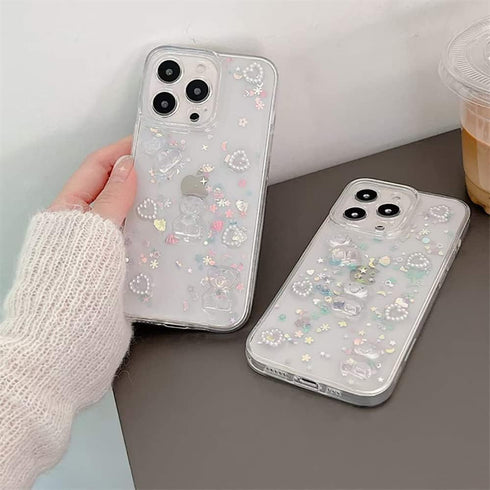 Fycyko Phone Case for iPhone 13,Cute 3D Bear Glitter Bling Pearl Love Heart Clear Design for iPhone 13 Case Women Girl Shockproof Camera Protect-6...