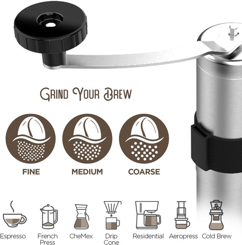 Manual Coffee Grinder — Stainless Steel Conical Burr Coffee Bean Grinder with Hand Crank, 18 Adjustable Settings, Storage Pouch and Sturdy Grip — ...