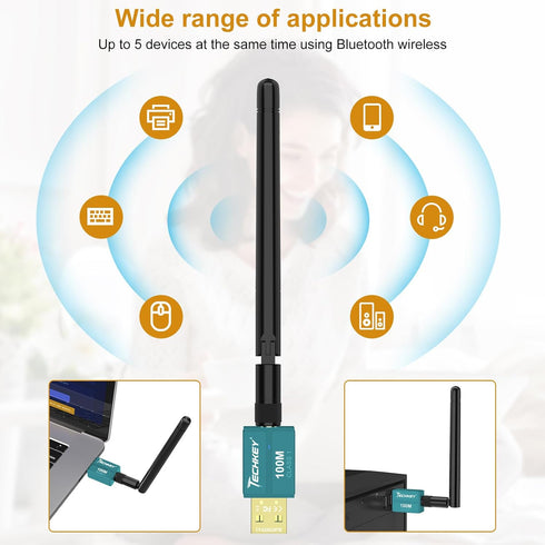 Long Range Bluetooth Adapter for Desktop PC,Techkey 5.3+EDR V1 USB Bluetooth Adapter,Class 1 Wireless Bluetooth Dongle Bluetooth Receiver Support ...