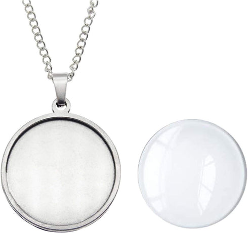 Julie Wang 10 Sets Stainless Steel Bezel Tray Pendant with Glass Cabochons and Chain for Resin Photo Jewelry Necklace Making Round 30x30mm...