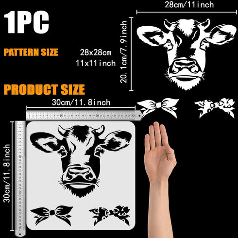 FINGERINSPIRE Cow Painting Stencil 11.8x11.8 inch Reusable Cow Head Pattern Drawing Template Plastic PET Bow Knot Stencil for Painting Square Farm...