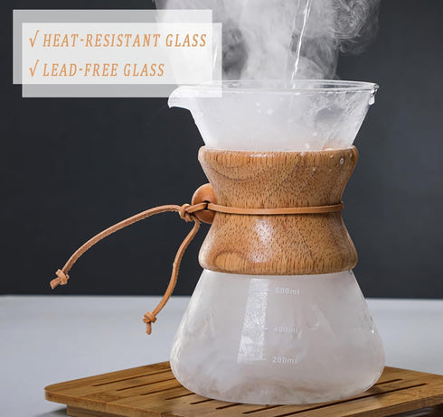 Pour Over Coffee Maker with Reusable Stainless Steel Drip Filter, Lead-Free Borosilicate Glass Coffee Carafe with Modern Wooden Collar for 1-6Cup,...