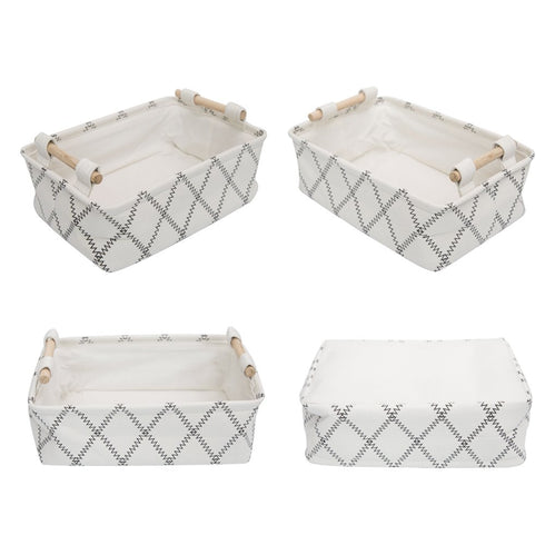 Decorative Collapsible Rectangular Fabric Storage Bin Organizer Basket with Wooden Handles for Clothes Storage,12.6x8.7x4.7 inch,White...