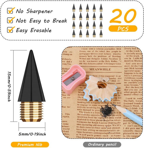 20PCS Inkless Pencil Replaceable Refill, Infinite Pencil Replaceable Refill Nib, Graphite Nib Inkless Eternal Pencils Head, Everlasting Pencils Re...