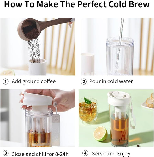 Cold Brew Coffee Maker Travel Tumbler with Soft Silicone Handle Portable Iced Coffee & Tea Infuser with Airtight Lid Cold Brew Travel Cup 17oz/500...