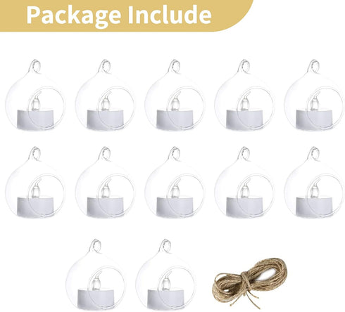 NUPTIO Hanging Glass Globe with Candles: Set of 12 Tealight Candle Holders with LED Tea Lights - 2.36 inch Bulk Clear Votive Candleholders for Par...
