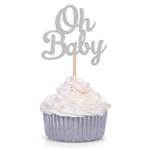 24 CT Silver Oh Baby Cupcake Toppers Party Decors Baby's Birthday Party Decors Baby Shower Dessert Picks...