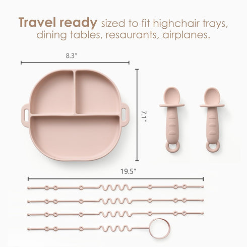 Silicone Plates for Babies with Suction Divided Baby Spoons Silicone Baby Toy Straps All-in-one Plates Silicone Placemat for Babies Toddlers Attac...
