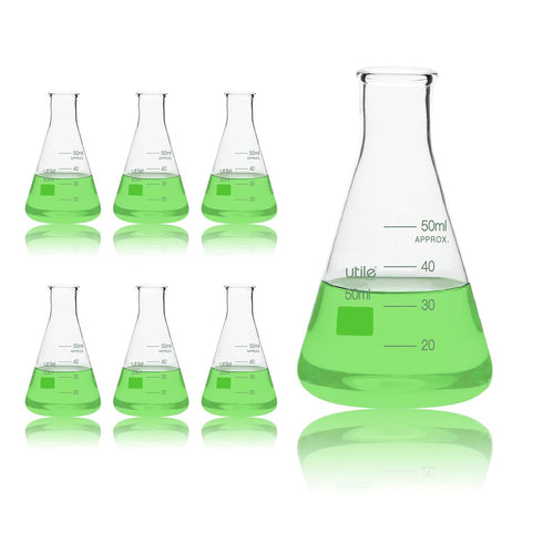 Utile Glass Erlenmeyer Flask Set, 50ml Narrow Mouth Erlenmeyer Flasks, 6pcs of Borosilicate 3.3 Glass Conical Flasks for Laboratory with Printed G...