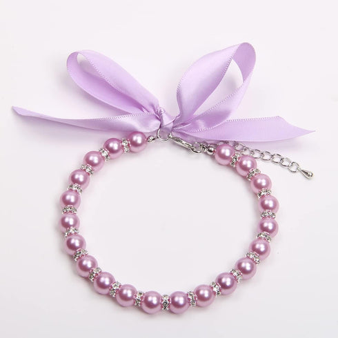 Dog Cat Pearls Necklace Collar with Bling Accessories and Ribbon Bow Pet Puppy Jewelry for Female Dogs Cats Small Medium (M, Purple)...