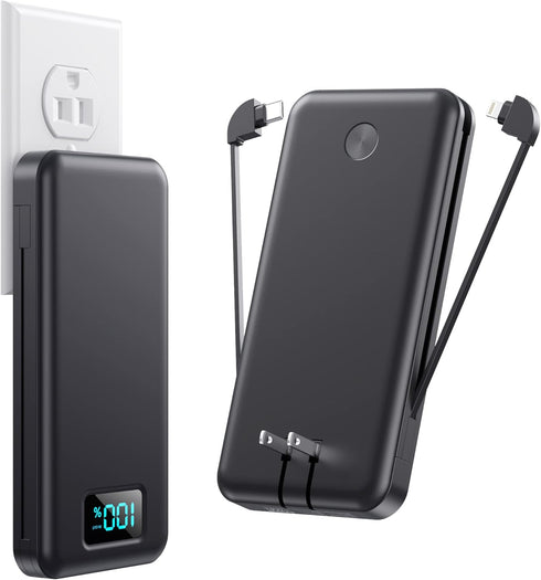 Portable Charger with Built-in Cables & AC Wall Plug,Ultra Slim 13800mAh USB-C Power Bank, 4 Output LCD Display External Battery Pack Phone Charge...