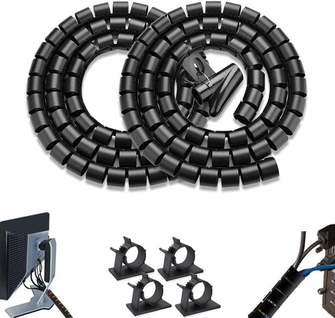 PC Cable Management Sleeve Tube Desk Cord Organizer 2 PCS Black, 7/8 inch -5 ft Cover Wrap Easy to Install Messy Wire Solution for TV Office Compu...