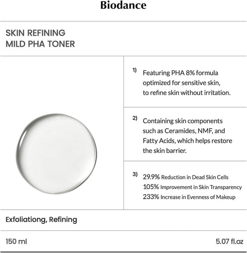 Biodance Skin Refining Mild PHA Toner, Gentle Exfoliating Face Toner for Sensitive Skin with Ceramides & NMF | 5.07 fl.oz,150ml...
