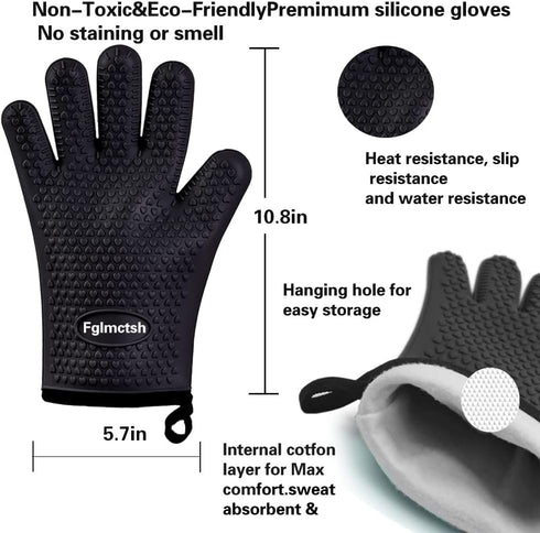 Silicone Cooking Gloves,Oven Mitts for Grilling,BBQ Mitt, Kitchen - Safe Handling of Pots and Pans, Extreme Heat Resistant BBQ, Internal Protectiv...