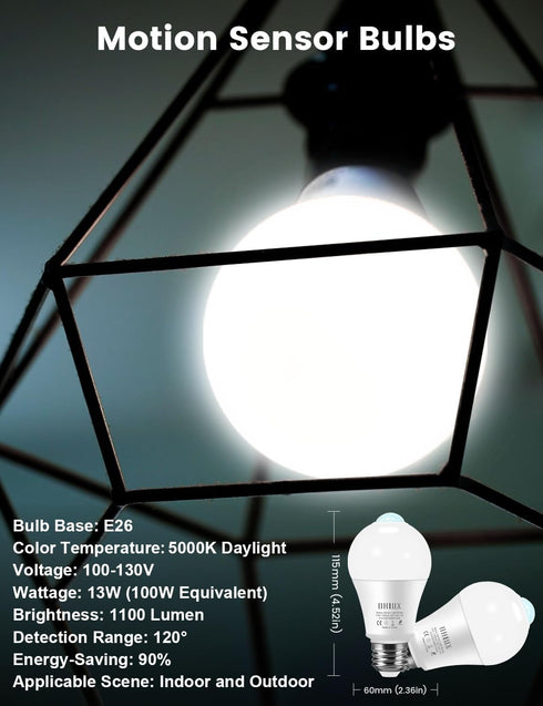 Motion Sensor Light Bulbs, 13W (120-Watt Equivalent) Motion Detector Light Bulb Motion Activated Dusk to Dawn Security Bulb, E26 5000K Motion Ligh...