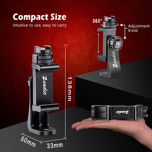 Zeadio Tripod Smartphone Mount, Cell Phone Holder Adapter Clamp with Cold-Shoe Mount, Selfie Stick and Monopod Adjustable Clamp, Fits for All iPho...