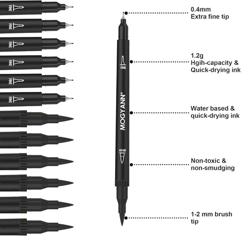 Mogyann Drawing Pens, 12 Pack Dual Brush Pens Black Markers for Art Drawing Sketching...