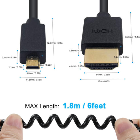 Duttek Extreme Thin Coiled Micro HDMI to HDMI Cable 6FT/1.8M, HDMI to Micro HDMI 2.0 Cable Compatible 4K@60Hz, 1080P, 4K, 3D, and Audio Return Cha...