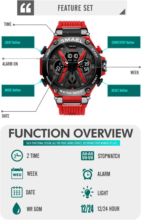 KXAITO Men's Watches Sports Outdoor Waterproof Military Watch Date Multi Function Tactics LED Face Alarm Stopwatch for men 8087...