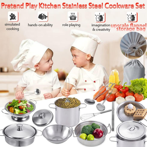 Mini Kids Stainless Steel Cookware Kitchen Cooking Toys Pretend Utensils with Cookware Play Pots and Pans Playset ,Cooking Utensils Pot Rack Organ...