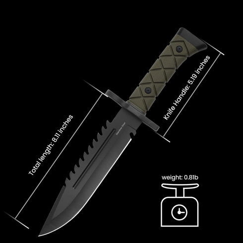 15" Fixed Blade Tactical Knives with Sheath, Stainless Steel Survival Hunting Bushcraft Full Tang Non-Slip Handle Knife with Serrated Blade Back f...