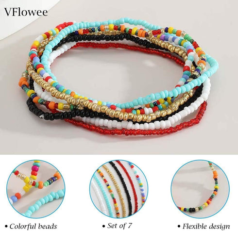 Boho Handmade Beaded African Anklets Multicolor Women Stretch Seed Beads Rainbow Ankle Bracelets Glass Bead Bracelet Elastic Foot and Hand Chain J...