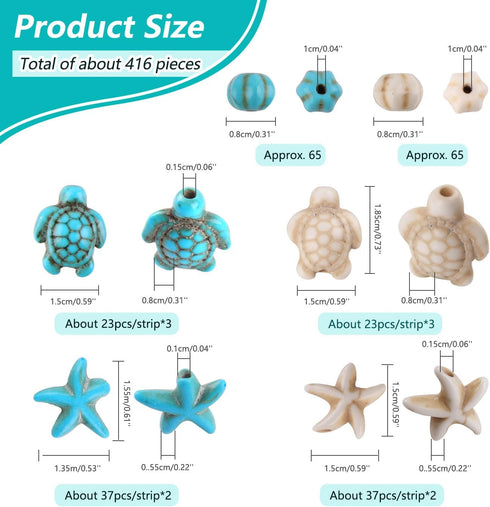 Tophoniex Turtle Beads Turtle Charms Sea Star Sea Turtle Turquoise Beads Seashell Beads for Making Bracelets Necklace Earrings Hair Ties(about 420...