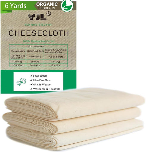 YJL Cheesecloth - 54 Sq Ft, 100% Cotton, Grade 90 Unbleached | Fine Cheesecloth for Cooking, Straining, Canning, Steaming & Reusable...