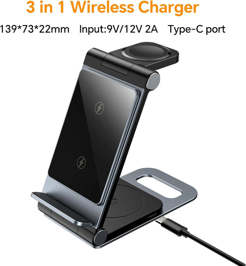 Wireless Charging Station 3 in 1 Foldable Wireless Charger Stand, Travel Charger for iPhone 15 14 13 12 11 Pro Max XR XS 8 Plus, for Apple Watch 9...