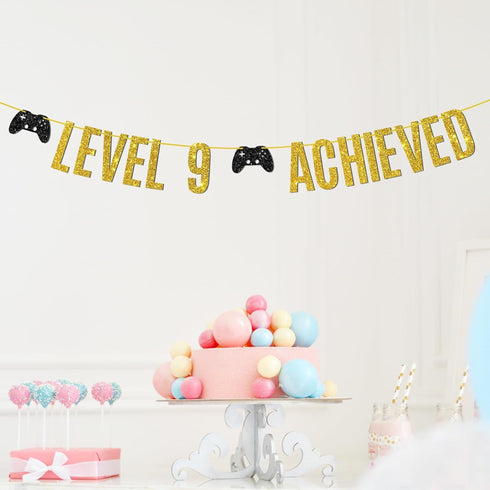 Level 9 Achieved Banner, Game on Level 9 Hanging Sign, Glittery Video Gamer Happy 9th Birthday Party Decorations...