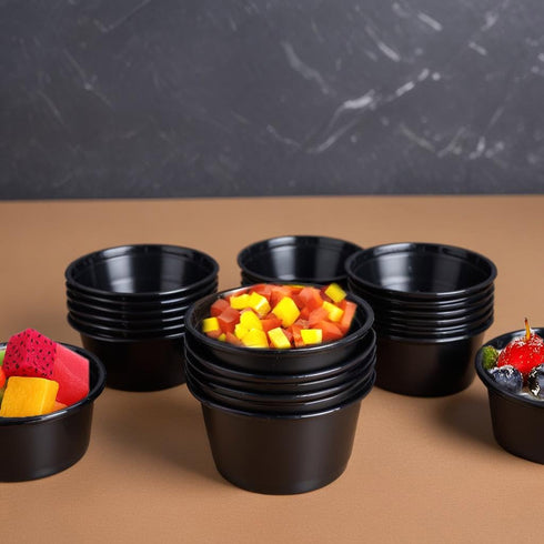 50 Pack 4oz Portion Cups plastic containers disposable small tiny dipping shot Black food serving sauce 4 ounce oz mini bowls individual dessert j...