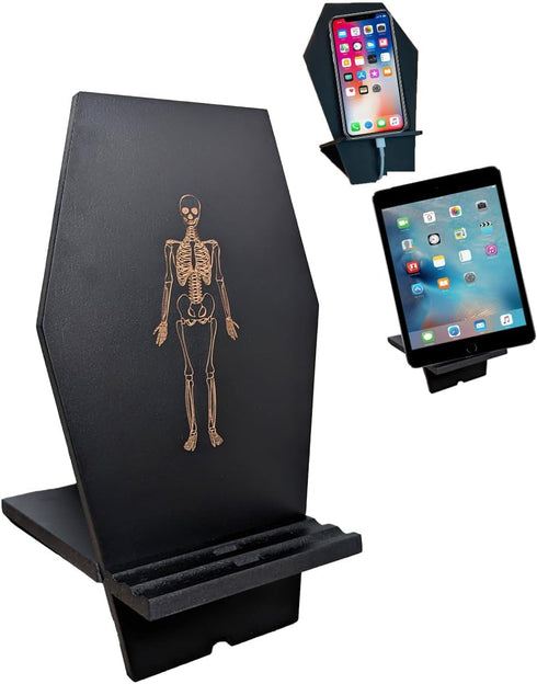 Unique Coffin Cell Phone Stand with Cool Engraved Skeleton for Halloween Goth Office Desk Accessories Supplies - Spooky Phone Holder for iPhone Ip...