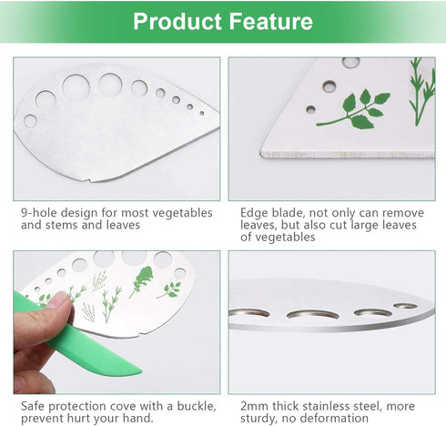 Leaf Herb Stripper, Stainless Steel Kitchen Herb Stripper Tool, 9holes, 2 in 1 design,Curved edge can be used as a kitchen knifefor Chard, Collard...