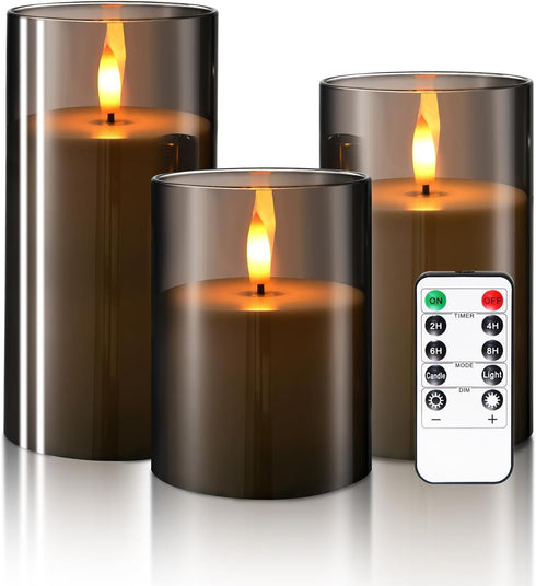 Set of 3 Flameless Candles Battery Operated LED Flickering Electric Candles with Realistic 3D Buld and Remote Control Timer for Wedding Birthday H...