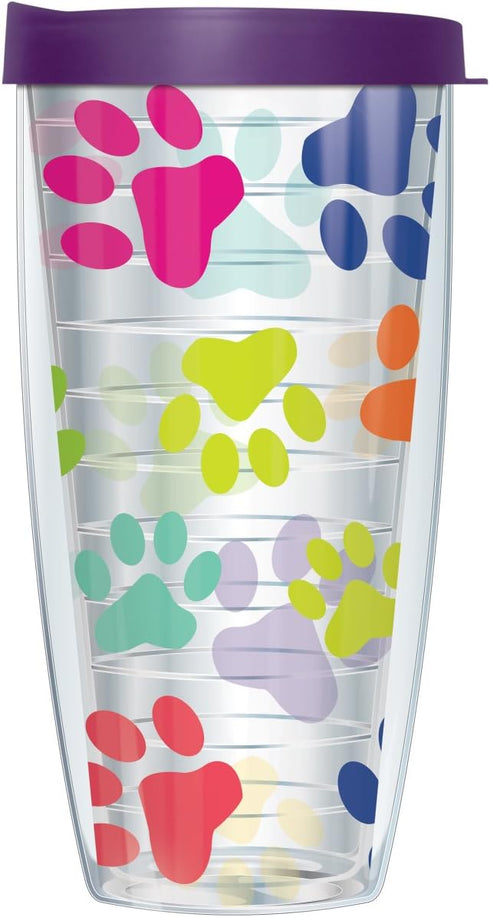 Colorful Paw Prints Wrap on Clear w/Eggplant Purple Lid Tumbler Cup 22 Oz | Fantastic Temperature Retention, Thermal Insulated! Dishwasher and Mic...