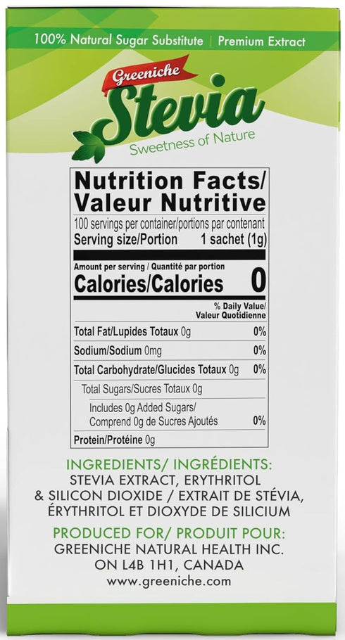 Greeniche Stevia 100 Sachets, Powdered Sweetener & Food Additive, A Completely Safe Sweetener Extracted from The Herb Stevia Rebaudiana, Sugar Sub...