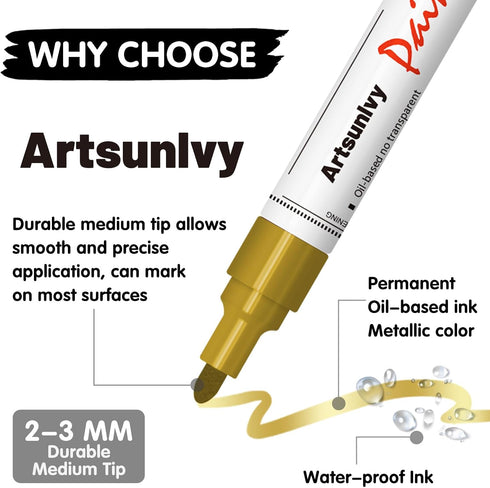 Gold Paint Pens Permanent Markers - 2 Pack Paint Markers for Metal, Rubber,Wood, Rocks, Canvas, Plastic, Dark Surface, Craft Art Supplies, Medium ...