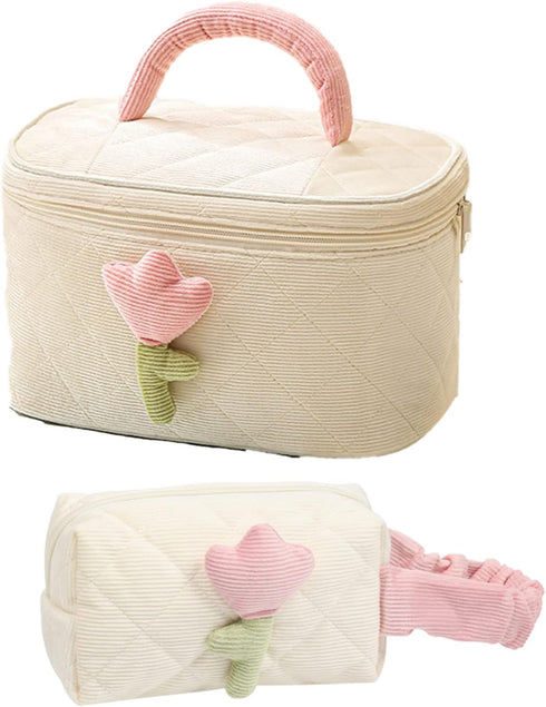 Cute Corduroy Makeup Bag Set of 2(Cream),Quilted Travel Cosmetic Organizer Bag with Tulips, Velvet Toiletry Bag with Portable Makeup Pouch for Wom...