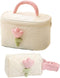 Cute Corduroy Makeup Bag Set of 2(Cream),Quilted Travel Cosmetic Organizer Bag with Tulips, Velvet Toiletry Bag with Portable Makeup Pouch for Wom...
