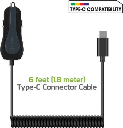 Cellet High Powered 3Amp, Fast Charging 15Watt, Dual USB Port Car Charger with 4ft Long Type-C Cable Compatible for BlackBerry Keyone/Essential Ph...