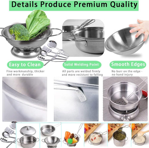 Mini Kids Stainless Steel Cookware Kitchen Cooking Toys Pretend Utensils with Cookware Play Pots and Pans Playset ,Cooking Utensils Pot Rack Organ...