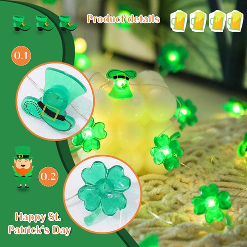 St. Patrick's Day Decorative Lights Green Shamrocks Clover Hat LED String Light 10 Ft 30 Leds Lucky Clovers Lights (Shamrocks Hats)...