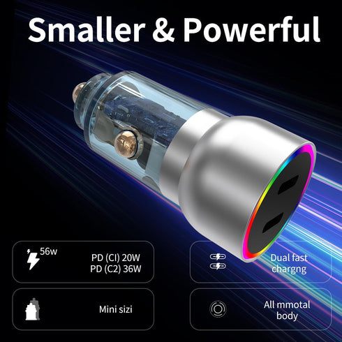 Aluminum Alloy Car Charger,WORDIMA USBC Car Charger Transparent Case,60W Led RGB PD/PPS Compatible with iPhone 14 Pro Max/14 Plus/13 Pro Max/Ipad ...