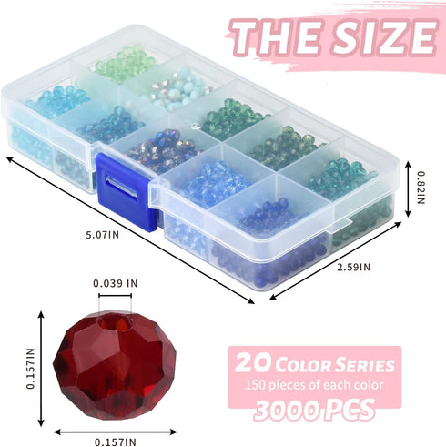 Glass Beads for Jewelry Making, 3000PCS Mulitcolor Beads 20 Colors 4mm Rondelle Crystal Beads, Beading Craft Kit, Spacer Beads for Bracelets, Neck...