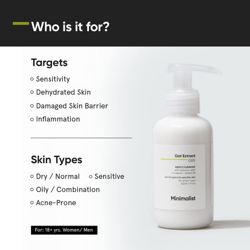 Minimalist 6% Oat Extract Gentle Face Wash for Sensitive, Dry & Dehydrated Skin | Hyaluronic Acid Provides Hydration | For Women & Men | 4 Fl Oz /...
