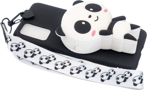 Case Compatible with Samsung Galaxy A12 5G,3D Cute Animals Pandas Cartoon Soft Black Silicone Wallet Case with Wrist Strap,Cool Kawaii Funny Kids ...
