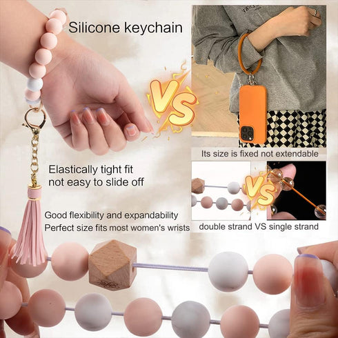 Silicone Keychain Beaded Wristlet Key Ring Bracelet,Beaded Keychain with Leather Tassel for Women…...