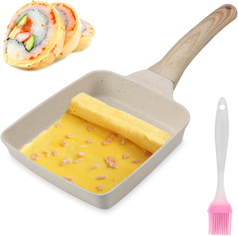 CALIDAKA Tamagoyaki Pan,Japanese Omelette Pan With Silicone Brush,Nonstick Tamagoyaki Pan,Rectangle Eg-g Roll Pan With Detachable An-ti Scalding H...