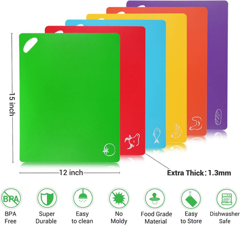 Cutting Board Mats Set, Extra Thick Flexible Plastic Kitchen Chopping Board, Colored Mats with Food Icons & Easy-Grip Handles, Dishwasher Safe, Se...